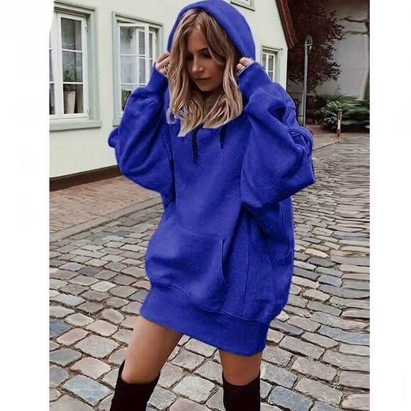 Long super soft, comfortable and casual chic hooded sweatshirt dress - Picture 1 of 5